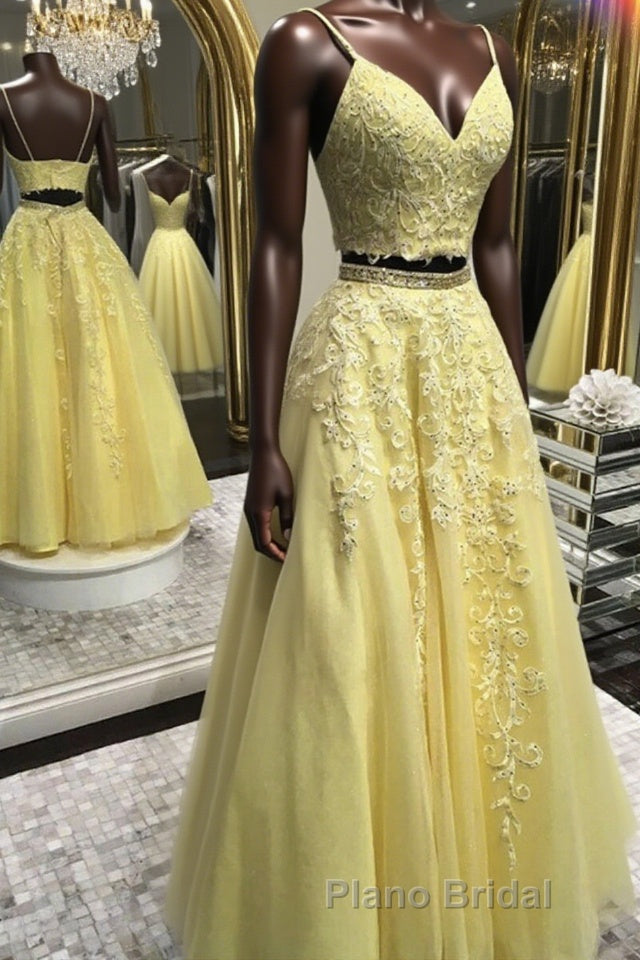 Two Pieces V Neck Yellow Lace Long Formal Prom Dresses, 2 Pieces Yellow Formal Dresses, Yellow Lace Evening Dresses Main image