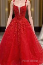 Red Tulle Lace A Line Formal Evening Dresses Appliques Long Formal Prom Dresses