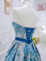 Unique A-Line Flower Satin Blue Long Formal Prom Dresses, Blue Long Formal Dresses