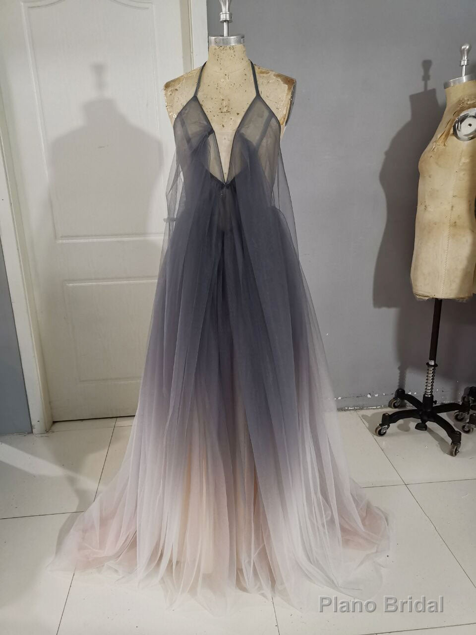 Unique A line V Neck Tulle Long Prom Dress, Tulle Evening Dress Main image