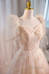 Unique And Beautiful Champagne Sequin Square Neck Fluffy Short Sleeved Ball Dresses Champagne A-Shaped Princess Backless Strap And Floor Length Evening Dresses