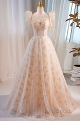 Unique And Beautiful Champagne Sequin Square Neck Fluffy Short Sleeved Ball Dresses Champagne A-Shaped Princess Backless Strap And Floor Length Evening Dresses