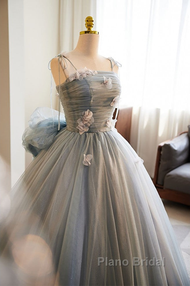 Unique And Beautiful Gray Sticker Sleeveless Off The Shoulder Ball Dresses, Gray A-Line Princess Sheer Thin Shoulder Strap, Backless Tie Bow And Ground Length Formal Prom Dresses Secondary image