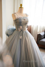 Unique And Beautiful Gray Sticker Sleeveless Off The Shoulder Ball Dresses, Gray A-Line Princess Sheer Thin Shoulder Strap, Backless Tie Bow And Ground Length Formal Prom Dresses
