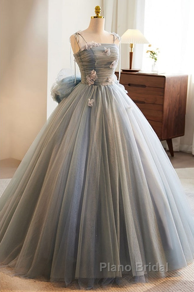 Unique And Beautiful Gray Sticker Sleeveless Off The Shoulder Ball Dresses, Gray A-Line Princess Sheer Thin Shoulder Strap, Backless Tie Bow And Ground Length Formal Prom Dresses
