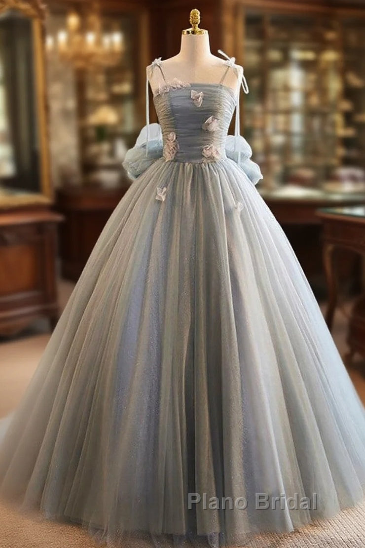 Unique And Beautiful Gray Sticker Sleeveless Off The Shoulder Ball Dresses, Gray A-Line Princess Sheer Thin Shoulder Strap, Backless Tie Bow And Ground Length Formal Prom Dresses Main image