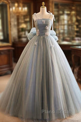 Unique And Beautiful Gray Sticker Sleeveless Off The Shoulder Ball Dresses, Gray A-Line Princess Sheer Thin Shoulder Strap, Backless Tie Bow And Ground Length Formal Prom Dresses