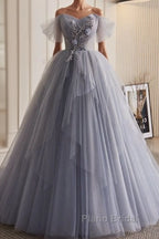 Unique And Beautiful Silver Gray Beaded Pearl Sequins Off The Shoulder Sleeveless Decal Pleated Ball Dresses Silver Gray A-Shaped Thin Gauze Pong Truffle Back Strap And Ground Length Formal Prom Dresses