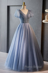 Unique And Beautiful Sky Blue Beaded Rhinestone Fluffy Short Sleeved Ball Dresses With Sky Blue A-Shaped Princess V-Neck Backless Strap And Ground Length Evening Dresses