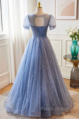 Unique And Beautiful Sky Blue Low Round Neck Short Sleeved Beaded Sequin Ball Dresses With Sky Blue A-Line/Princess Backless Strap And Ground Length Evening Dresses