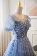 Unique And Beautiful Sky Blue Low Round Neck Short Sleeved Beaded Sequin Ball Dresses With Sky Blue A-Line/Princess Backless Strap And Ground Length Evening Dresses