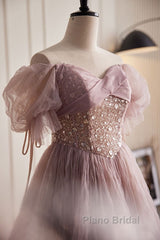 Unique And Elegant Dark Pink Sequin Off The Shoulder Short Sleeved Ball Dresses Dark Pink A-Line Princess Glitter Beaded Backless And Ground Length Formal Prom Dresses