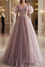 Unique And Elegant Dark Pink Sequin Off The Shoulder Short Sleeved Ball Dresses Dark Pink A-Line Princess Glitter Beaded Backless And Ground Length Formal Prom Dresses