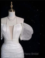 Unique Ball Gown Off The Shoulder Sequin Short Sleeves White Wedding Dresses Brides Dresses