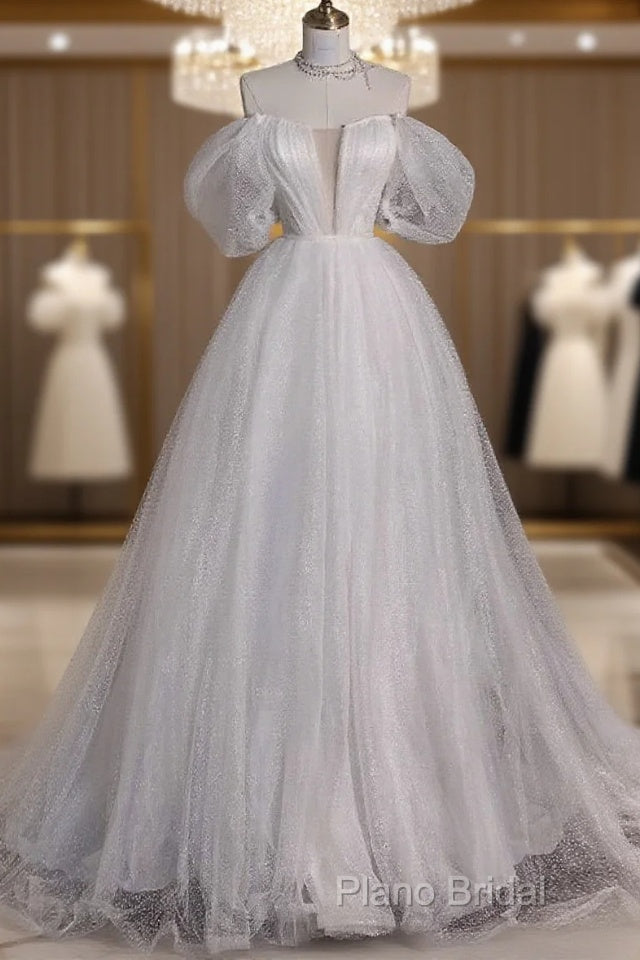 Unique Ball Gown Off The Shoulder Sequin Short Sleeves White Wedding Dresses Brides Dresses