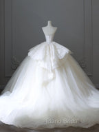 Unique Ball Gown Strapless White Lace Satin Long Wedding Dresses Brides Dresses