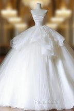 Unique Ball Gown Strapless White Lace Satin Long Wedding Dresses Brides Dresses