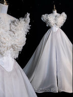 Unique Ball Gown Sweetheart Long Tulle White Wedding Dresses Brides Dresses