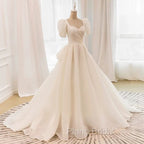Unique Ball Gown Sweetheart Short Sleeves Long White Wedding Dresses