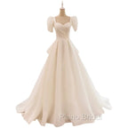 Unique Ball Gown Sweetheart Short Sleeves Long White Wedding Dresses