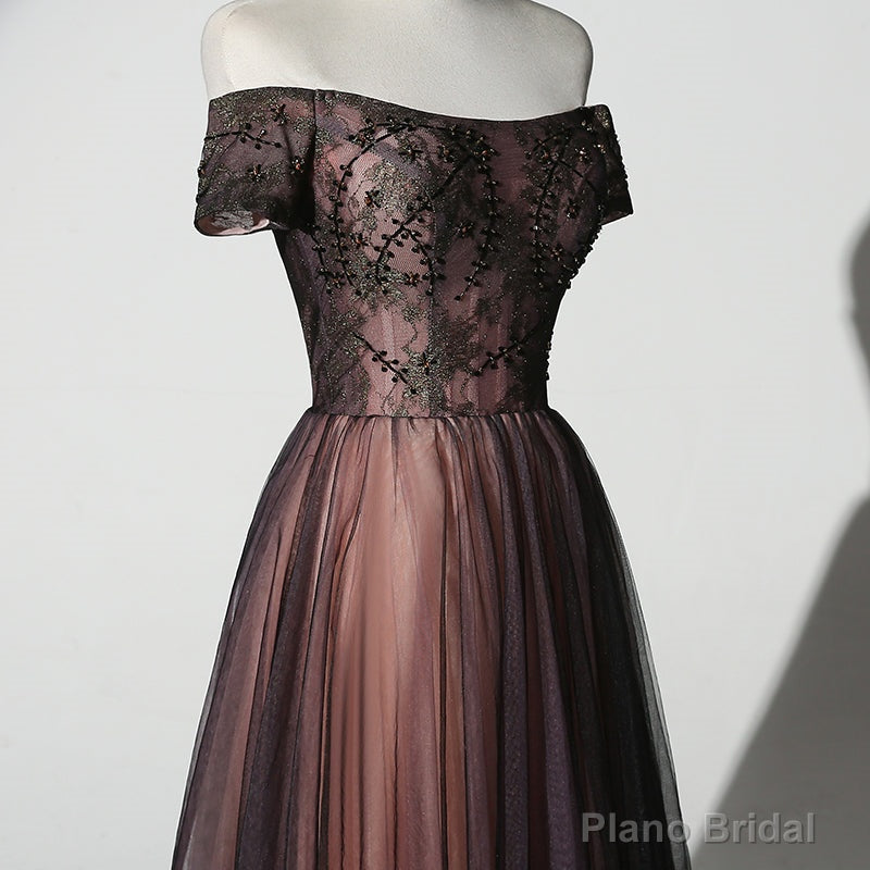 Unique Black and Champagne Tulle Long Party Dress, Senior Prom Dress