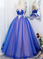 Unique Blue and Pink Formal Gown with Lace, Sweetheart Blue Floor Length Prom Dress