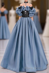 Unique Blue Formal Prom Dress Off Shoulder Satin Lace Long Evening Dresses
