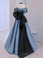 Unique Blue Prom Dress Off Shoulder Satin Lace Long Evening Dresses