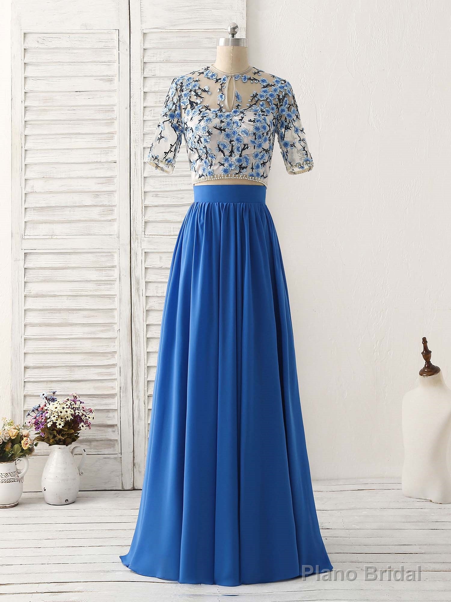 Unique Blue Two Pieces Long Prom Dress Applique Formal Dress Main image