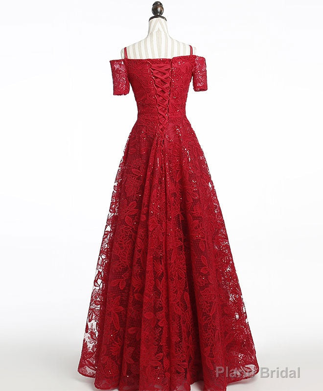 Unique Burgundy Lace Long Prom Dress, Burgundy Evening Dress