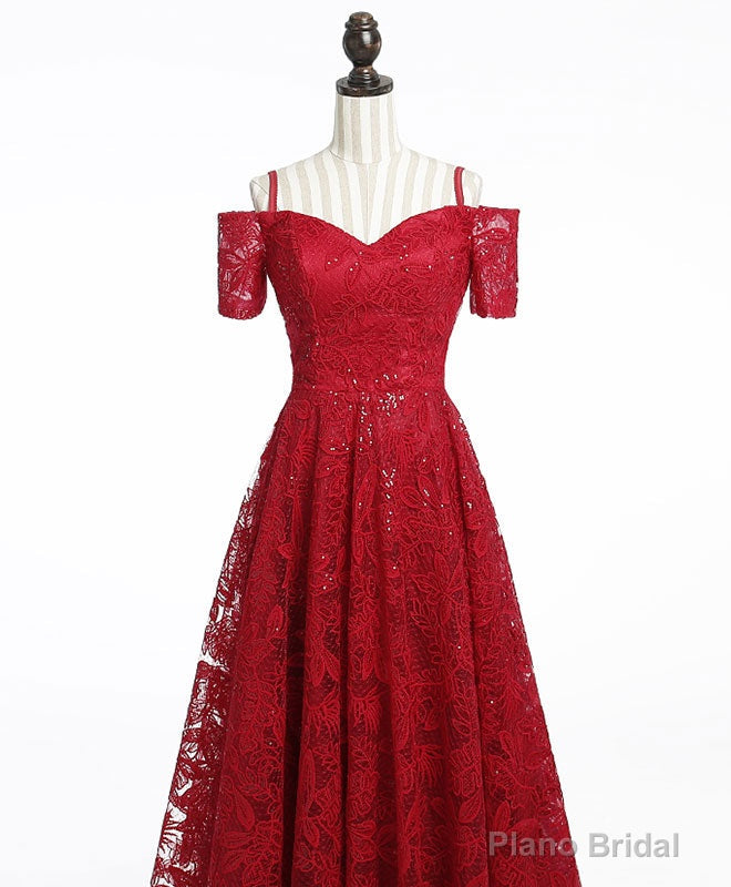 Unique Burgundy Lace Long Prom Dress, Burgundy Evening Dress