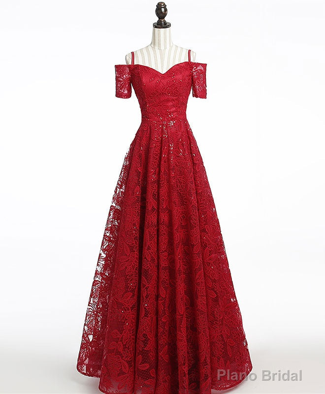 Unique Burgundy Lace Long Prom Dress, Burgundy Evening Dress