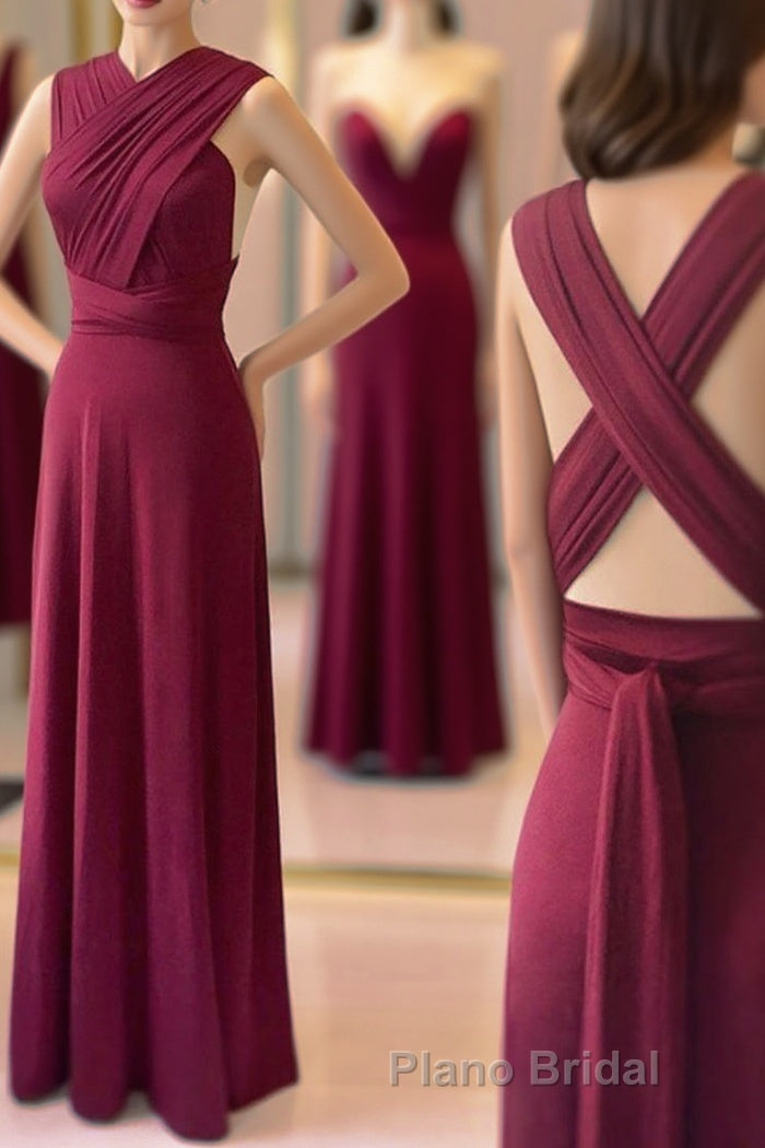 Unique Burgundy Long Formal Prom Dress with Cross Back, Burgundy Formal Graduation Evening Dress, Burgundy Bridesmaid Dress Main image
