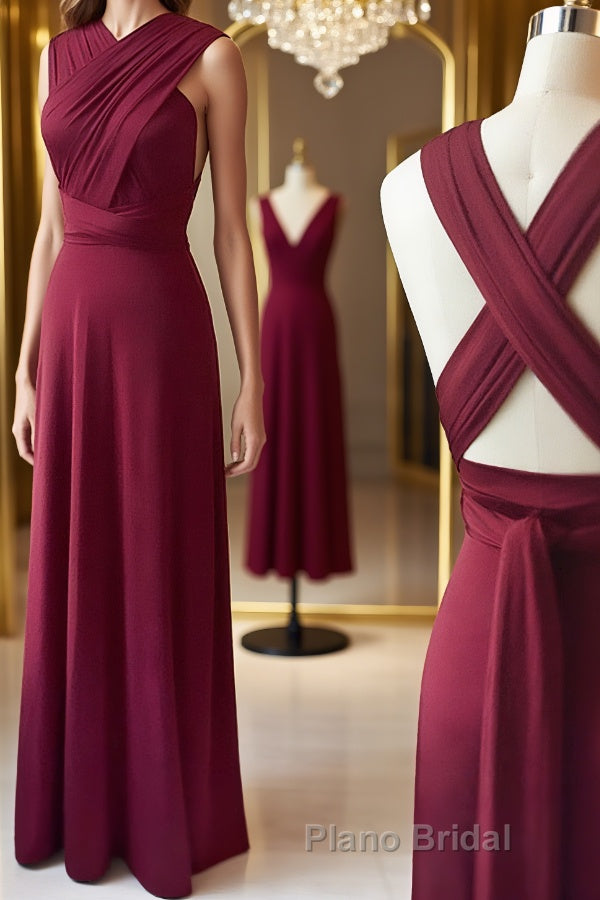 Unique Burgundy Long Formal Prom Dresses with Cross Back, Burgundy Formal Graduation Evening Dresses, Burgundy Bridesmaid Dresses Main image