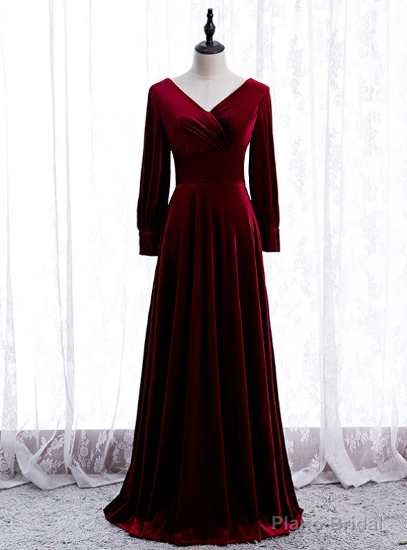 Unique Burgundy Velvet Long Sleeve V-neck Pleats Prom Dress Main image