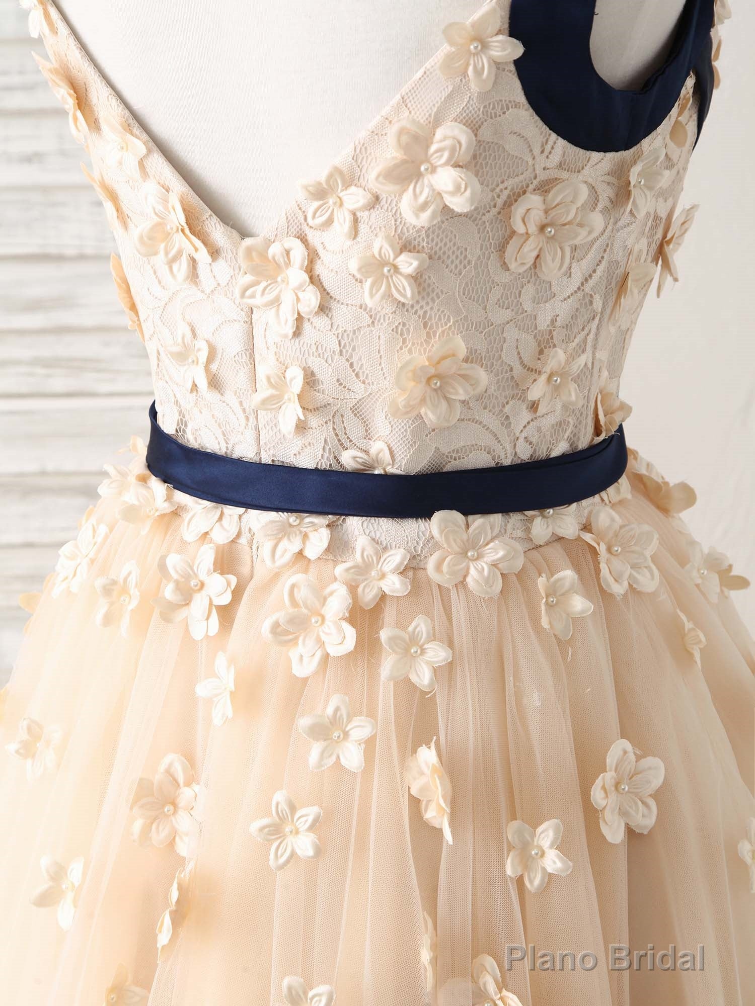 Unique Champagne Lace Tulle Long Prom Dress, Champagne Evening