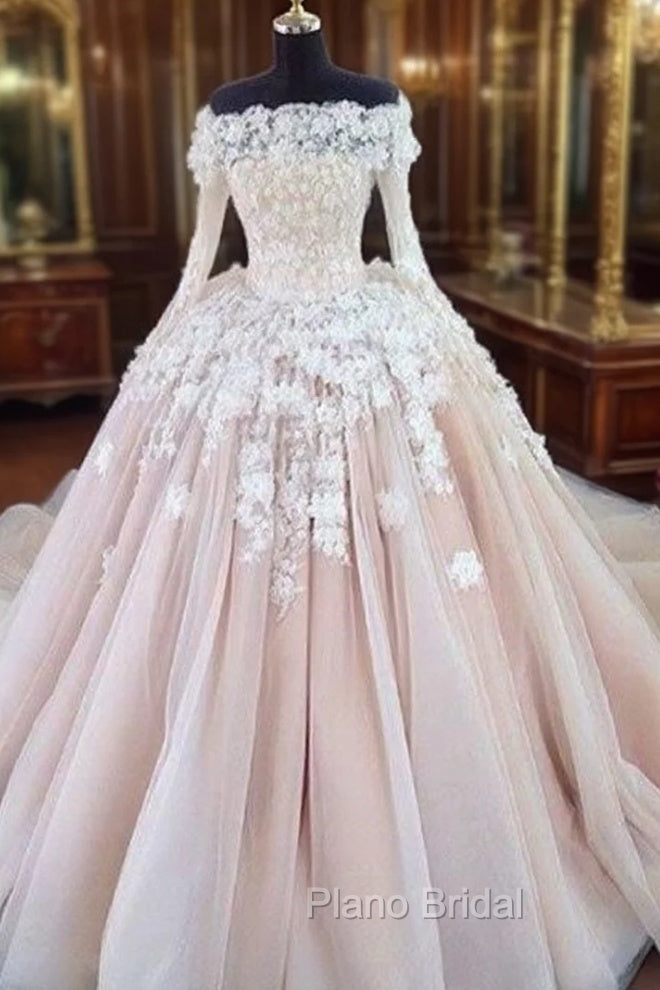 Unique Champagne Lace Tulle Long Wedding Dresses, Bridal Dresses Main image