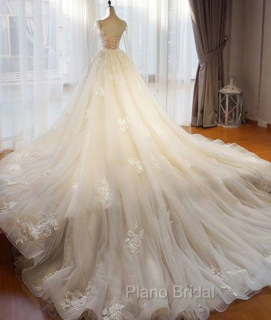 Unique Champagne Tulle Lace Long Formal Prom Dresses, Champagne Wedding Dresses Secondary image
