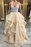 Unique champagne tulle sequin long Formal Prom dress, champagne evening dress