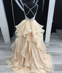 Unique champagne tulle sequin long Formal Prom dress, champagne evening dress
