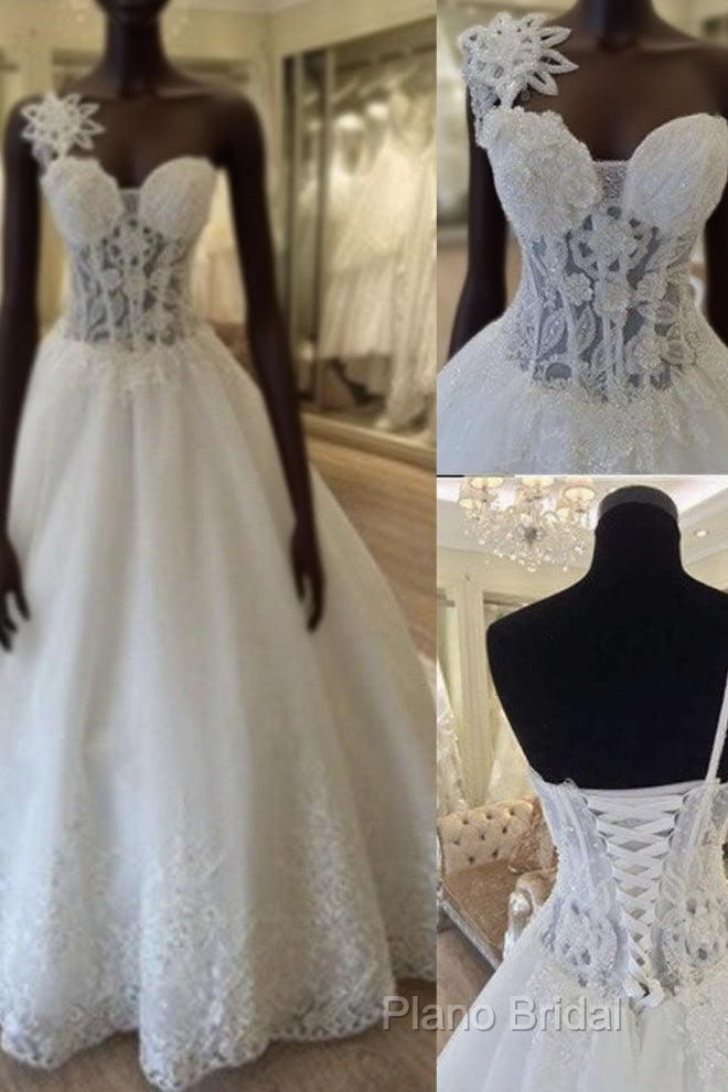 Unique Design One Shoulder See Through A-Line Lace Tulle Wedding Dresses,