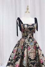 Unique Floral Floor Length Formal Prom Dresses, A-Line Black Formal Dresses