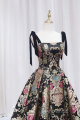 Unique Floral Floor Length Formal Prom Dresses, A-Line Black Formal Dresses