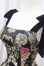 Unique Floral Floor Length Formal Prom Dresses, A-Line Black Formal Dresses