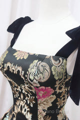 Unique Floral Floor Length Formal Prom Dresses, A-Line Black Formal Dresses