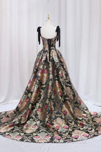 Unique Floral Floor Length Formal Prom Dresses, A-Line Black Formal Dresses