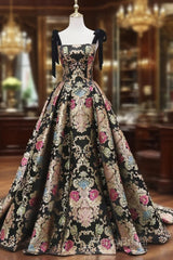 Unique Floral Floor Length Formal Prom Dresses, A-Line Black Formal Dresses