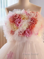 Unique High Low Flower Pink Tulle Sweetheart Formal Prom Dresses