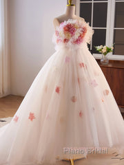 Unique High Low Flower Pink Tulle Sweetheart Formal Prom Dresses