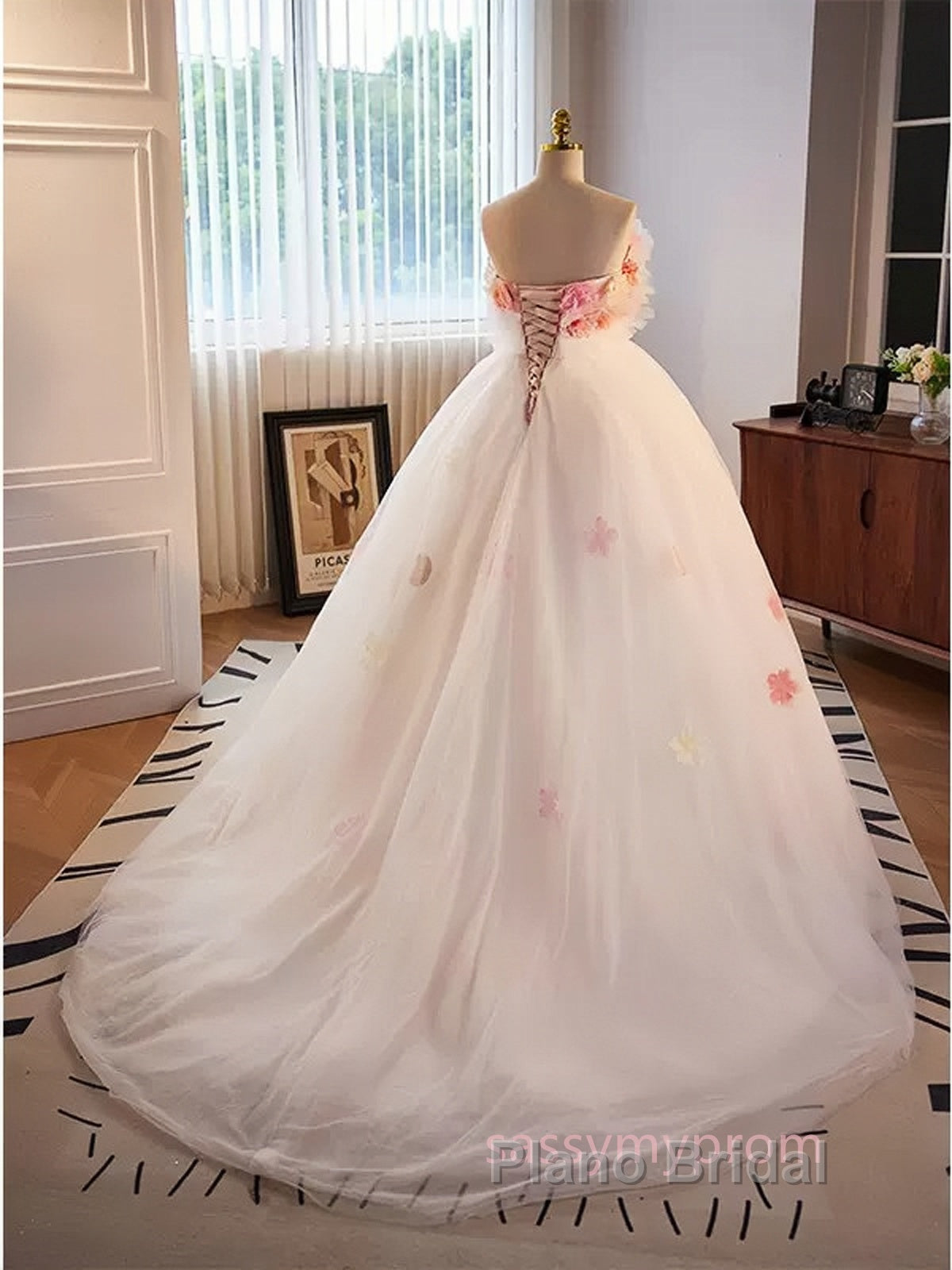 Unique High Low Flower Pink Tulle Sweetheart Formal Prom Dresses